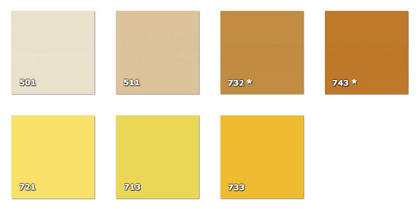QLA - Laccato 501. panna511. beige scuro713. giallo721. giallo limone732. ocra * (30 m)733. giallo oro743. marrone chiaro * (18 m)* disponibilità limitata alla quantità indicata