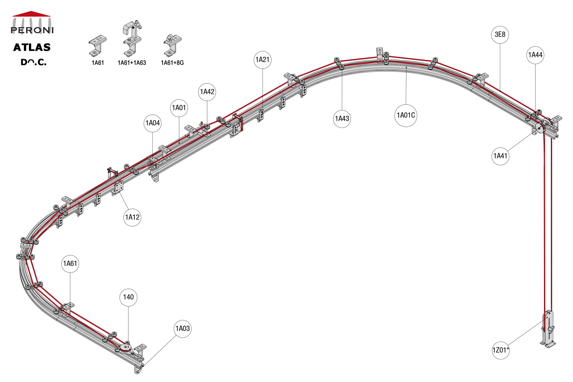 Dᴖ.C. configuration track Dᴖ. Curved double rail central openingC. Corded manualcentral overlap exceeding 50 cmComponents1A01 - Straight rail1A01C - Curved rail1A02 - Connection set1A03 - End stop1A04 - Overlap bridge1A12 - Top cord master carrier1A20 - 2 Wheel runnerMotion control1A40 - Return pulley1A41 - Head double pulley1A42 - Top cord guide for overlap1A43 - Top cord guide1A44 - Top cord aligner1Z01 - See all options3E - Franghie Poly Ø 8 mm