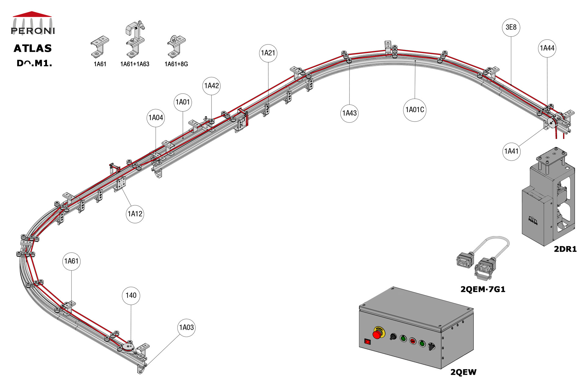 Dᴖ.M1. configuration track Dᴖ. Straight double rail central openingM1. Motorizedcentral overlap exceeding 50 cmComponents1A01 - Straight rail1A01C - Curved rail1A02 - Connection set1A03 - End stop1A04 - Overlap bridge1A12 - Top cord master carrier1A20 - 2 Wheel runnerMotion control1A40 - Return pulley1A41 - Head double pulley1A42 - Top cord guide for overlap1A43 - Top cord guide1A44 - Top cord aligner1A70 - Top cord limit switch with pulley1A71 - Top cord limit switch arm1A72 - Cord guide for limit switch2DR1-RDS2QEM-7G1-152QEW - Panou de comanda W 3E - Franghie Poly Ø 8 mm
