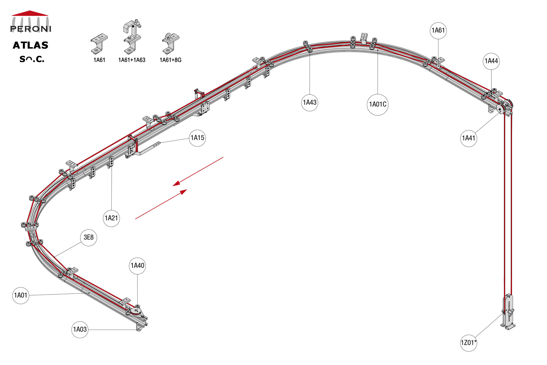 Sᴖ.C. configuration track Sᴖ. Curved single rail central openingC. Corded manualup to 50 cm central overlapComponents1A01 - Straight rail1A01C - Curved rail1A02 - Connection set1A03 - End stop1A12 - Top cord master carrier1A15 - Overlap arm1A20 - 2 Wheel runnerMotion control1A40 - Return pulley1A41 - Head double pulley1A43 - Top cord guide1A44 - Top cord aligner1Z01 - See all options3E - Franghie Poly Ø 8 mm